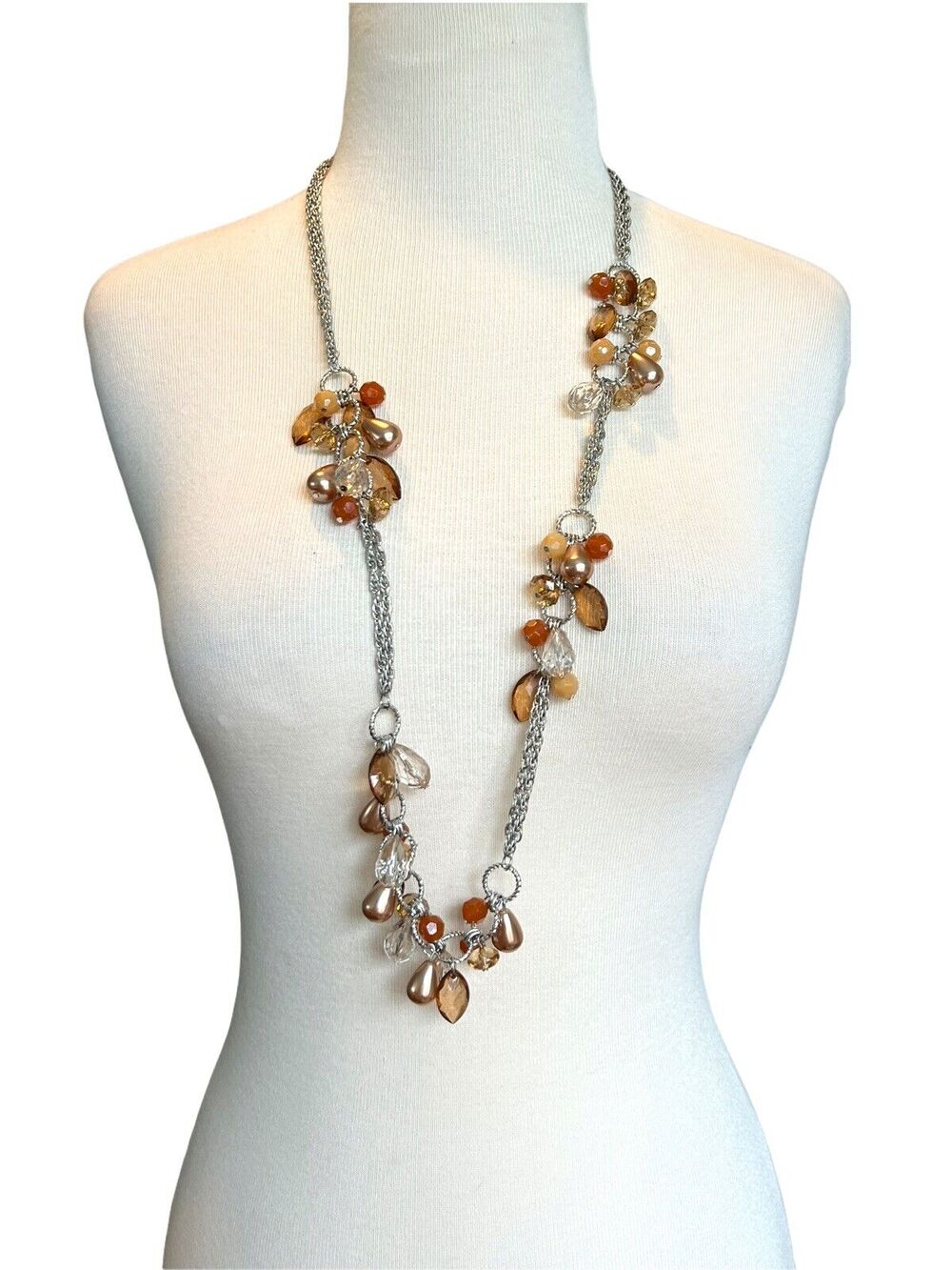 NWT New Direction Necklace Long Beaded Brown Silvertone 35"